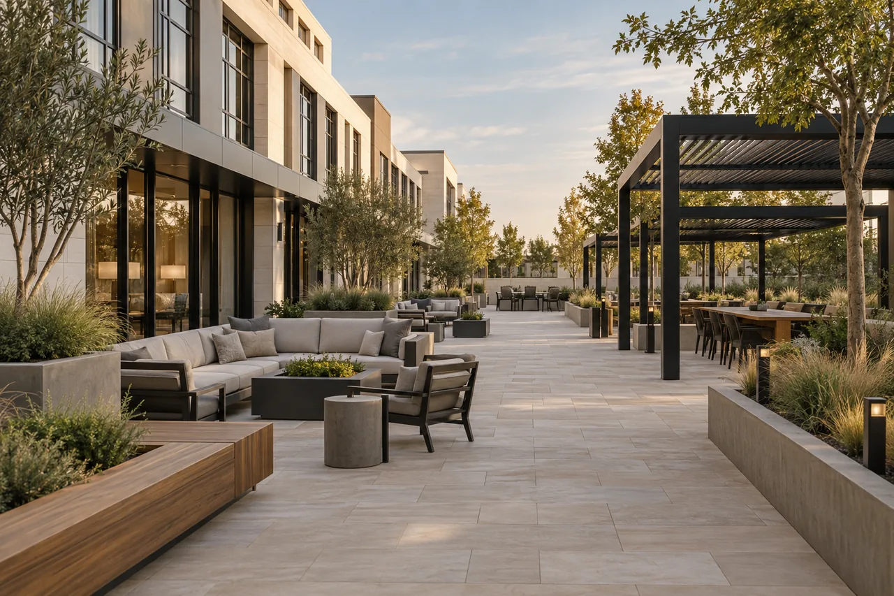 A hospitality terrace with lounge seating, shaded dining, planters and a broad paved walkway.