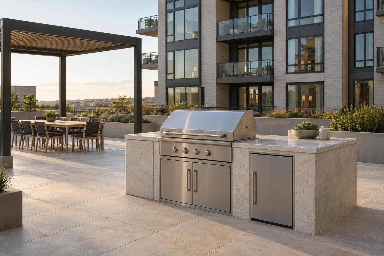 An outdoor cooking island beside a separate shaded communal dining area.