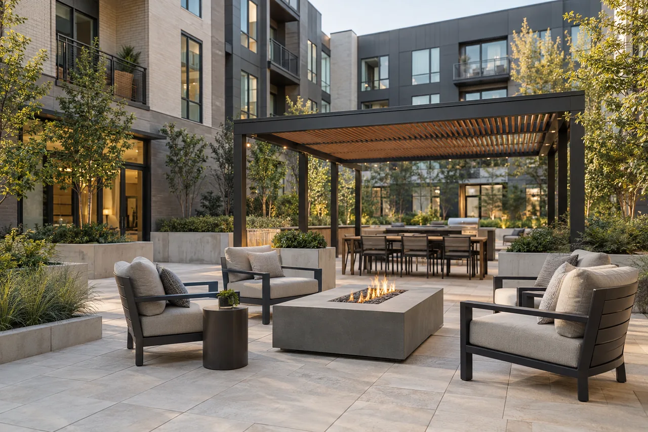 A multifamily courtyard with lounge seating around a fire table and a dining pergola.
