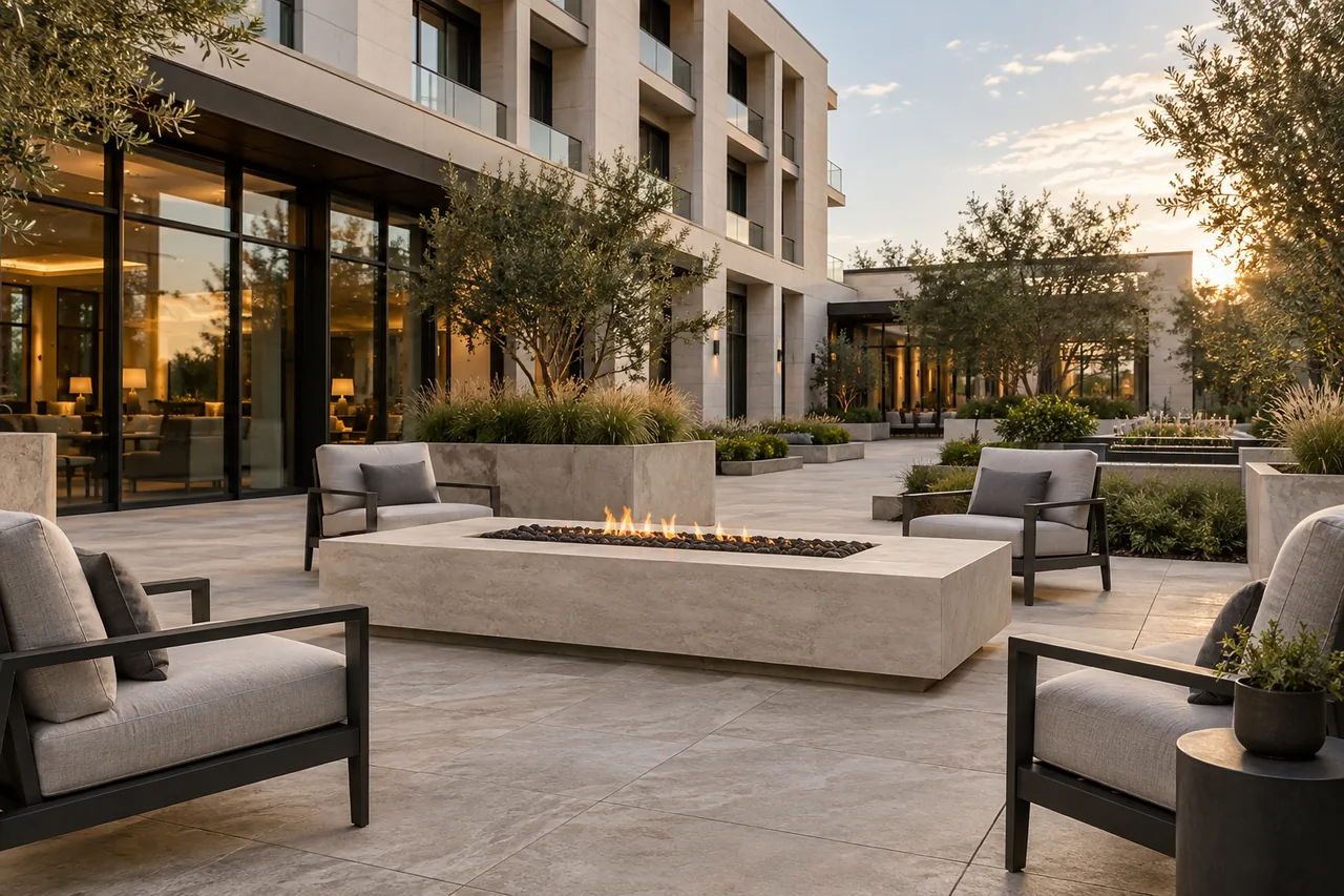 A stone fire table and lounge chairs in an open-air commercial courtyard.