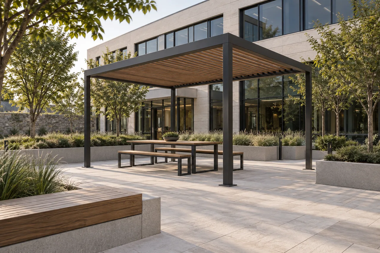 A steel and timber pavilion with communal seating beside a commercial pedestrian courtyard.